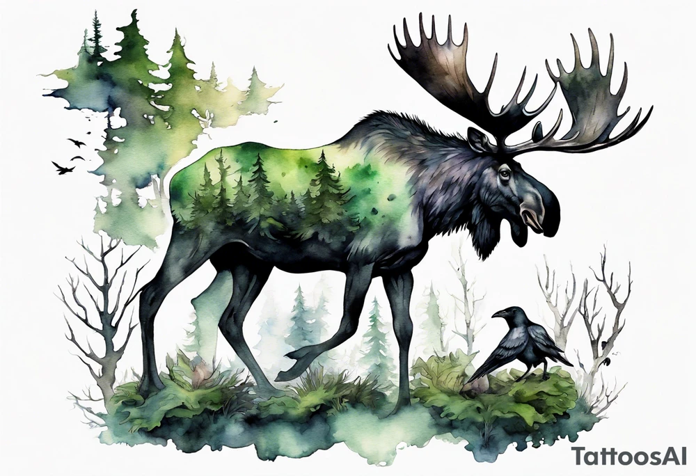 a giant moose covered in moss surrounded by ghostly ravens tattoo idea