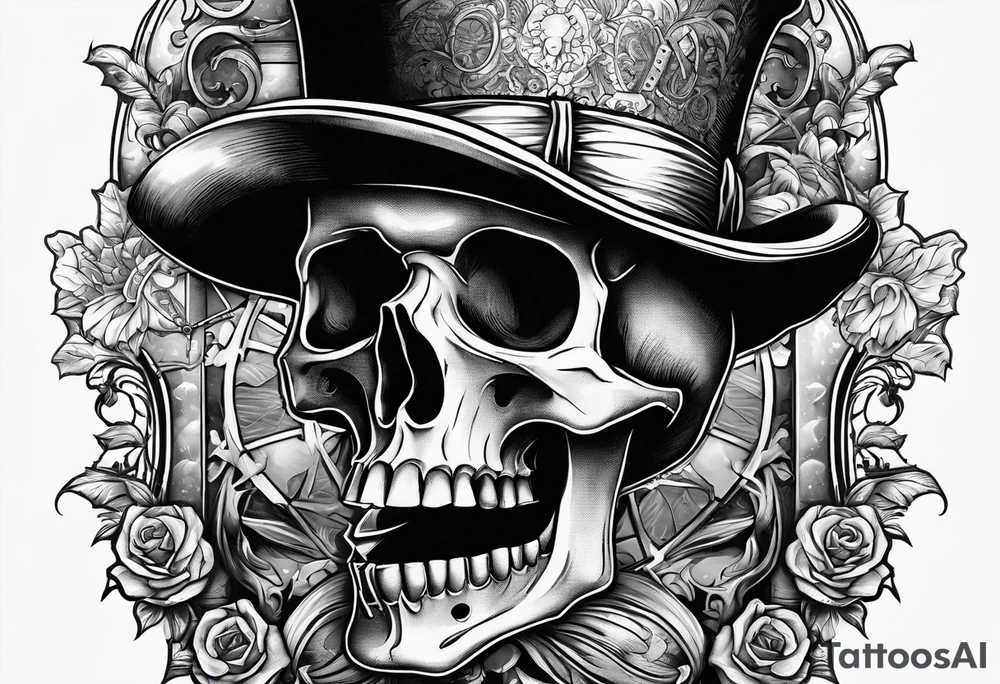 old time skeleton wearing a top hat holding a bible tattoo idea