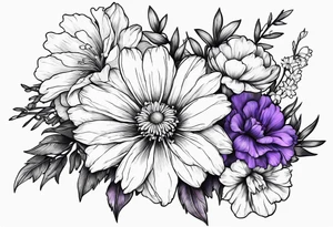Small sketched bouquet of flowers larkspur carnation violet daisy tattoo idea