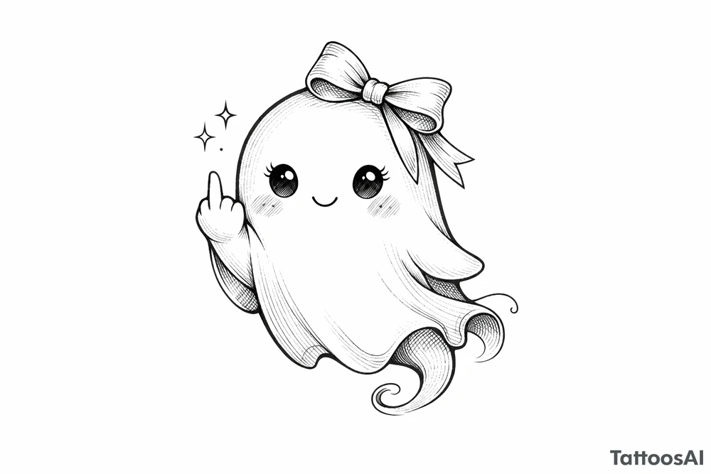 A kawaii ghost with a ribbon bow, playfully flipping the bird, soft shading. tattoo idea