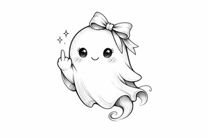 A kawaii ghost with a ribbon bow, playfully flipping the bird, soft shading. tattoo idea