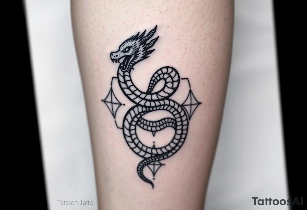 Ouroborous or dragon/serpent/snake eating its own tail in a figure 8 in negative space with geometric patterns on a leg tattoo design tattoo idea
