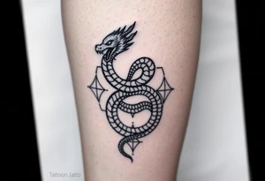 Ouroborous or dragon/serpent/snake eating its own tail in a figure 8 in negative space with geometric patterns on a leg tattoo design tattoo idea