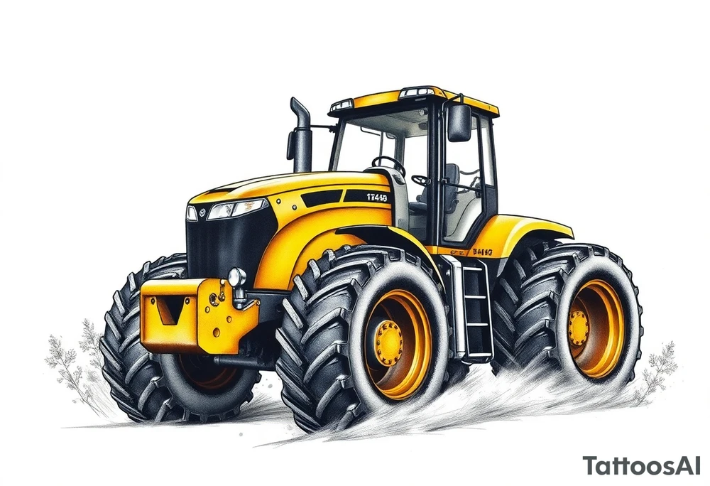 A hyper-realistic yellow tractor in motion, dust swirling around its massive tires. tattoo idea