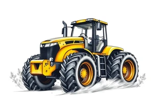 A hyper-realistic yellow tractor in motion, dust swirling around its massive tires. tattoo idea