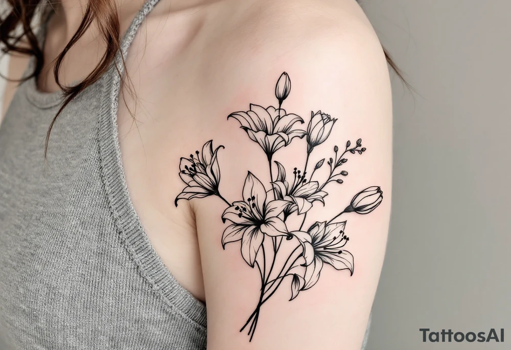 flower arrangement with spider lilies, tulip, lilies, cherry blossom tattoo idea