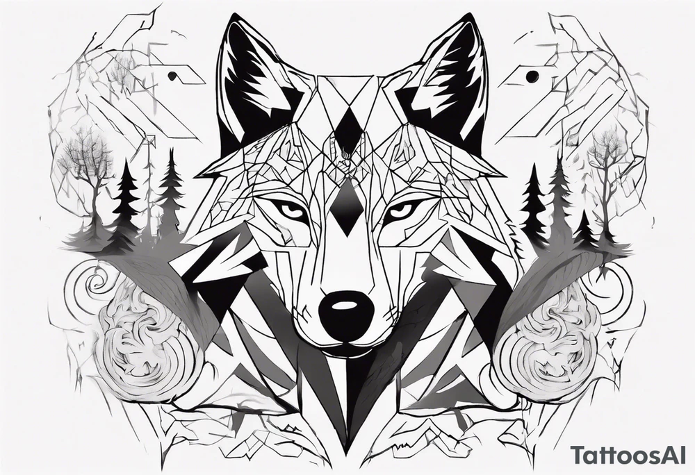 Wolf's face with geometric patterns flowing from it along with impressions of trees, a forest tattoo idea