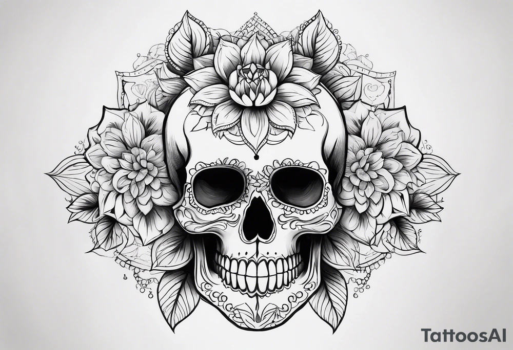 Draw me a realistic skull with black cigarette smoke out of his mouth add some flowers underneath with some mandalas at the bottom tattoo idea