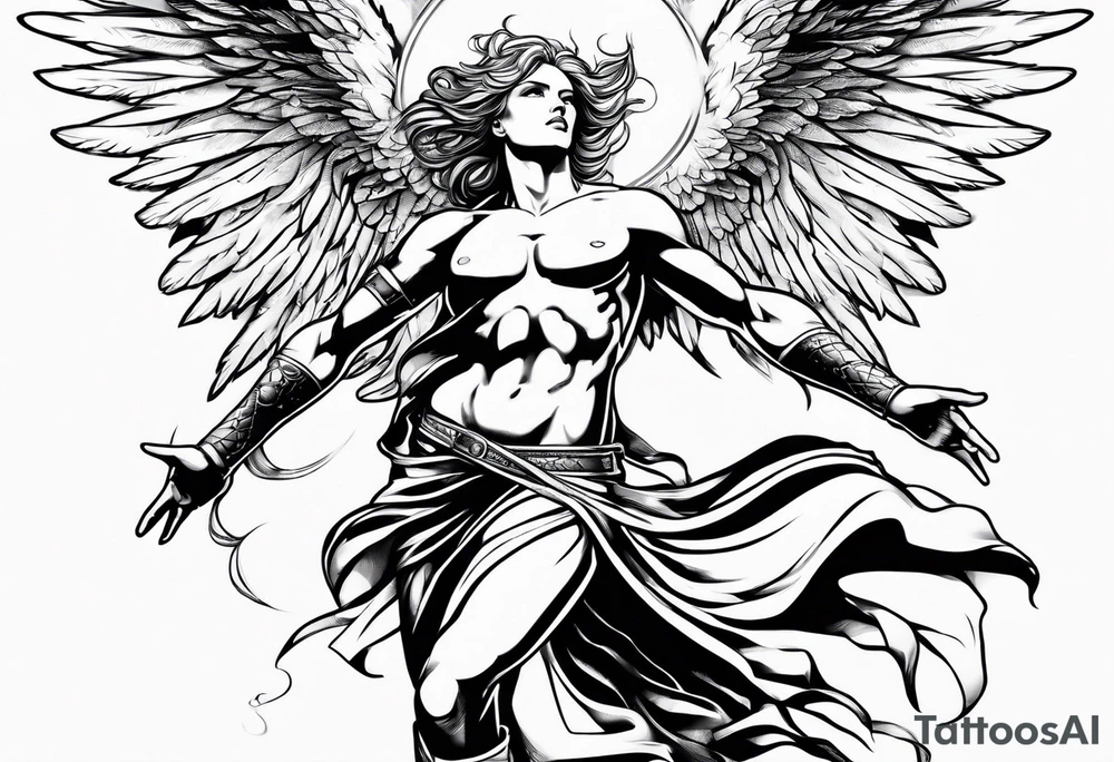 Angel in the pose of a superhero landing tattoo idea