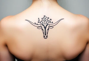 Texas Longhorn with tree growing out of it with flowers blooming tattoo idea