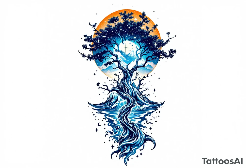 tattoo that has an acacia tree with mountains, ocean with a ship wreck and the northern star tattoo idea
