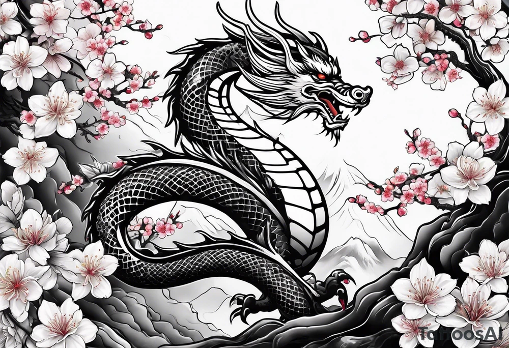 Japanese dragon cherry blossoms tattoo idea