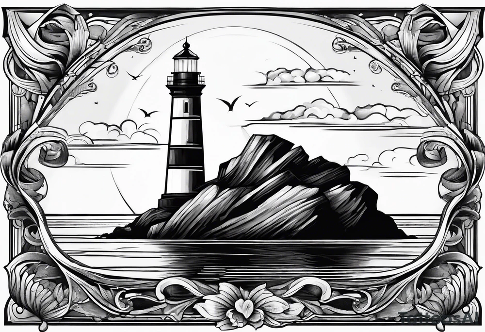 maritime lighthouse partially hidden by its large fixed sail. calm sea reflection. tattoo idea