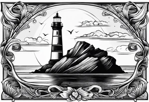 maritime lighthouse partially hidden by its large fixed sail. calm sea reflection. tattoo idea