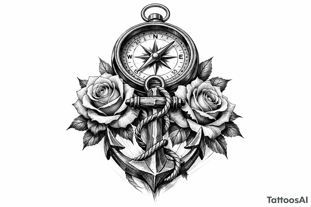 a compass under it an anchor, roses. tattoo idea