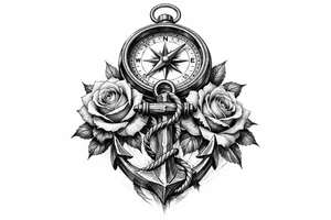 a compass under it an anchor, roses. tattoo idea
