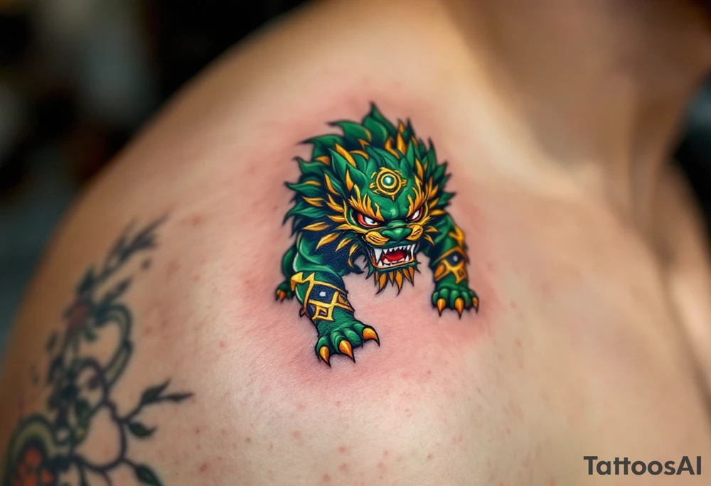 A shishi (lion dog guardian) in bold green and gold crouched protectively with a snarl. tattoo idea