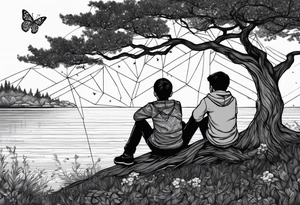 Two siblings watching a starfall by the sea. They are sitting on a tree branch in the woods and having an beutiful butterfly by There side tattoo idea