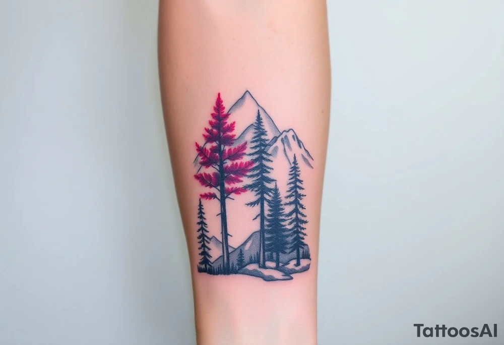Lower forearm, trees with mountains in background, leaves on the trees are pink, purple, teal, red tattoo idea