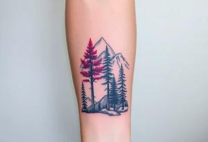 Lower forearm, trees with mountains in background, leaves on the trees are pink, purple, teal, red tattoo idea