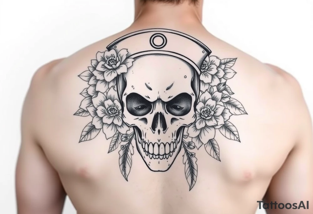 Skull nurse with flower’s and honey combs background tattoo idea