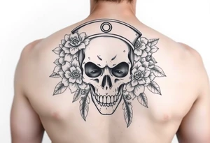 Skull nurse with flower’s and honey combs background tattoo idea