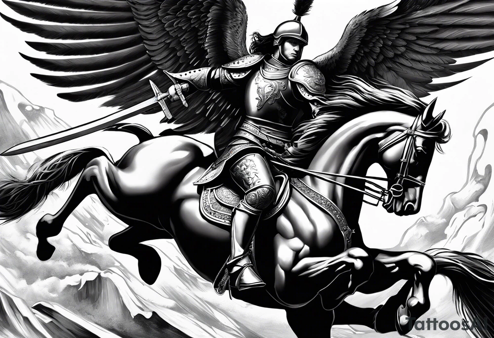 **Main Theme**: A Hussar on horseback in full armor, dynamically portrayed in the middle of a charge. The Hussar's wings are clearly visible, adding dynamics to the composition.
   - Archangel Michael positioned in the background, with a raised sword ready for battle, armed with a shield.
   - The Hussar is holding a banner showcasing the White Eagle.
   - Elements of the Arch tattoo idea