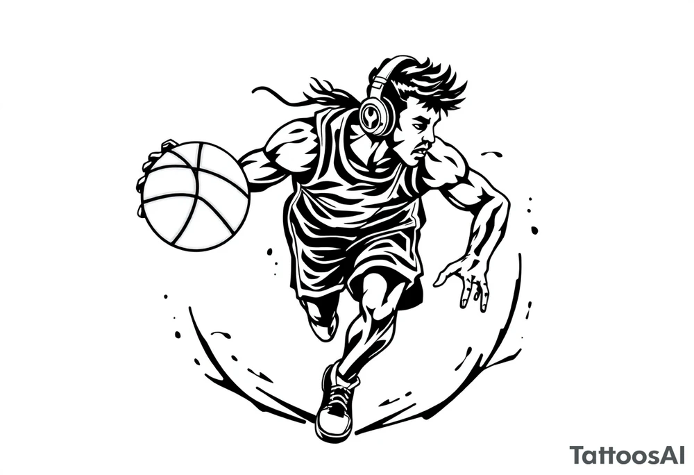 A guy dribbling a basketball with headphones on tattoo idea