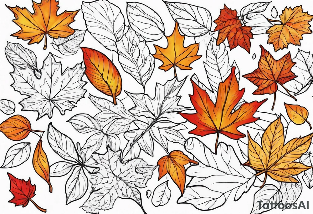 Red gold and orange autumn leaves falling in wind tattoo idea