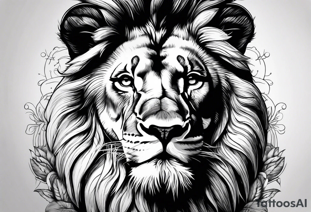 Front facing Powerful lion up close with nature in background tattoo idea Front facing Powerful lion up close with nature in background tattoo idea