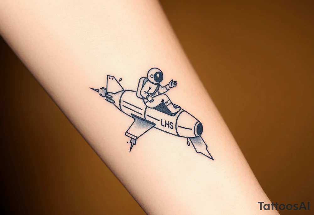Busted Rocket ship with sparks coming out the back  with astronaut riding it. It has LHS written on it tattoo idea