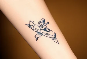 Busted Rocket ship with sparks coming out the back  with astronaut riding it. It has LHS written on it tattoo idea