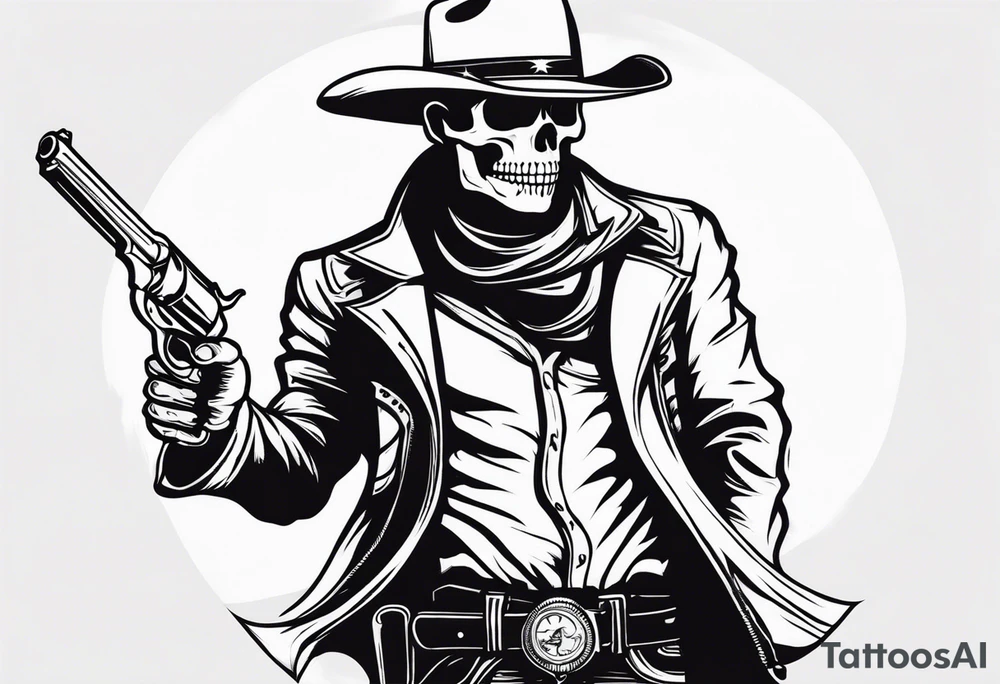 Skeleton Cowboy with a knife in his mouth and revolver in his hand tattoo idea