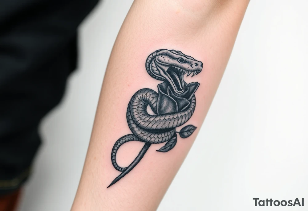 powerful majestic snake wrapped around rose stem tattoo idea