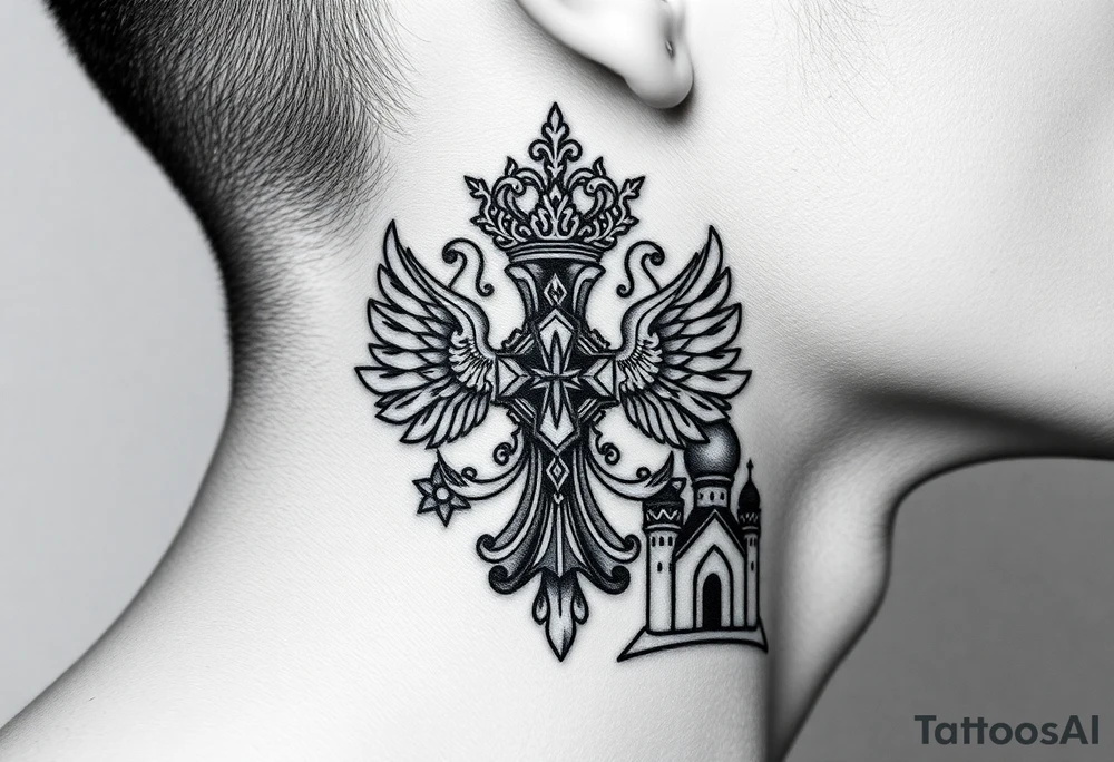 russian coat arms in a russian christian orthodox cross with the cross in the middle with a virgin mary & orthodox dome church on the side of the neck tattoo idea