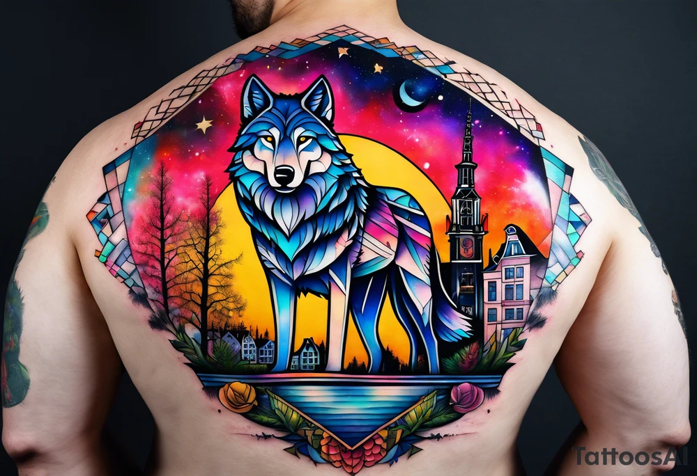 wolf featuring animals and featuring colours of the universe and galaxies and pineapples in amsterdam city featuring Amsterdam buildings and canal made of glass tattoo idea
