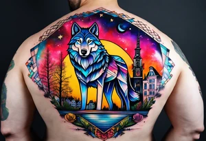 wolf featuring animals and featuring colours of the universe and galaxies and pineapples in amsterdam city featuring Amsterdam buildings and canal made of glass tattoo idea