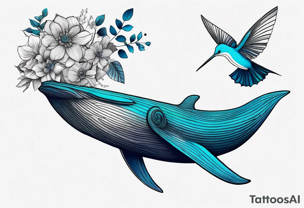 Surrealism, blue whale, hummingbird, gray lady face, flowers, bold color, collage tattoo idea