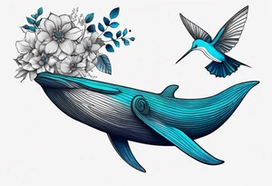 Surrealism, blue whale, hummingbird, gray lady face, flowers, bold color, collage tattoo idea