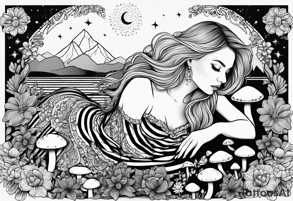 Straight blonde hair girl in black and white striped dress sleeping in a field of mushrooms with mountains s
and crescent moon mandala background tattoo idea