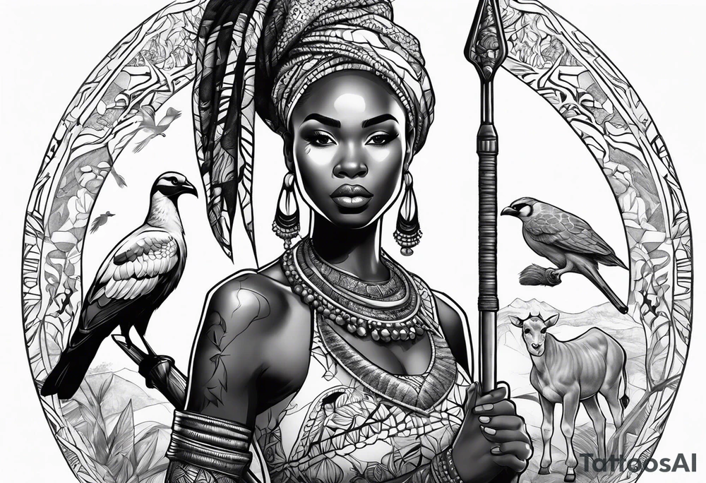 African woman warrior holding a spear with birds and giraffe in the background tattoo idea