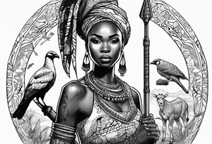 African woman warrior holding a spear with birds and giraffe in the background tattoo idea