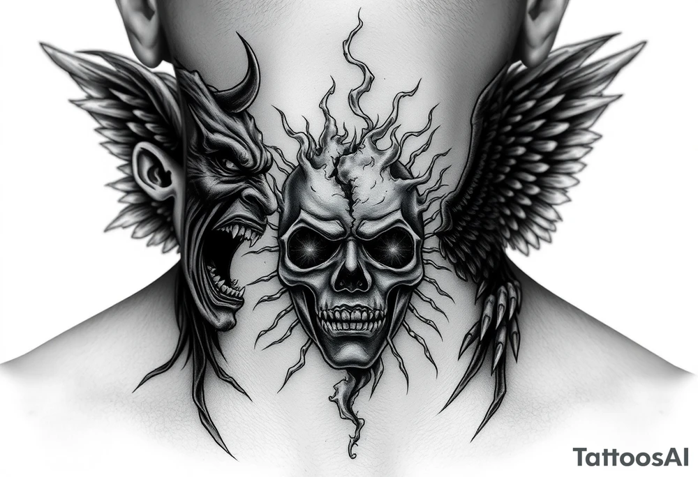 Dark fantasy neck tattoo. A demonic face screaming toward a screaming angel on opposite sides of the neck, both facing inward. Between them, in the center front of the neck, a broken mask splitting into light and darkness, with smoke and energy flowing from the cracks. Black and grey realism, high contrast, detailed linework, dramatic shadows. tattoo idea