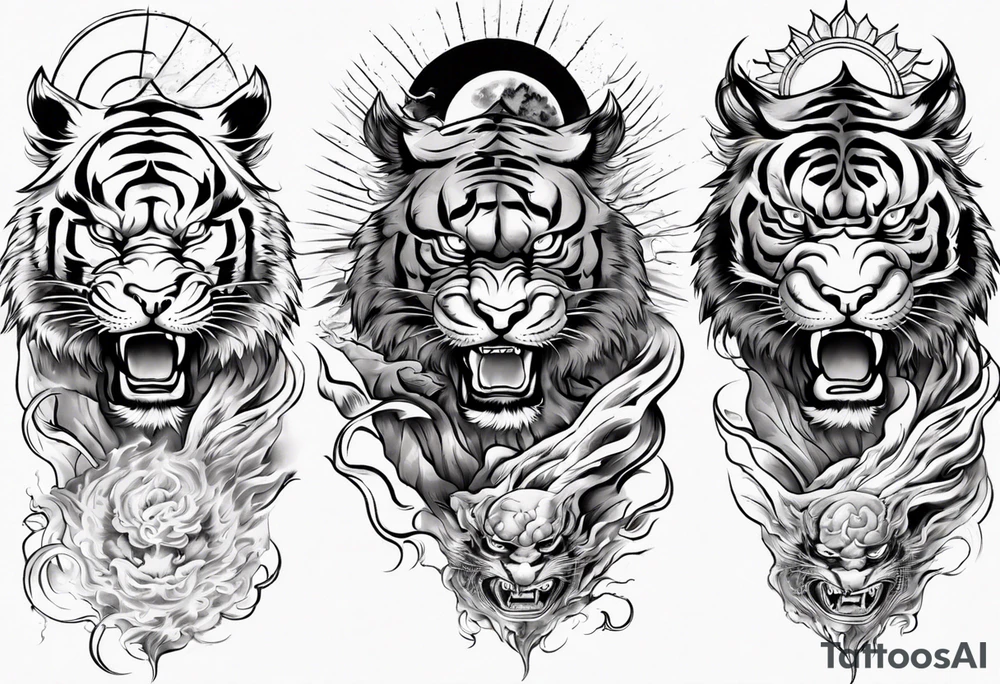 Tiger warrior with lightning and the sun for a forearm sleeve tattoo idea