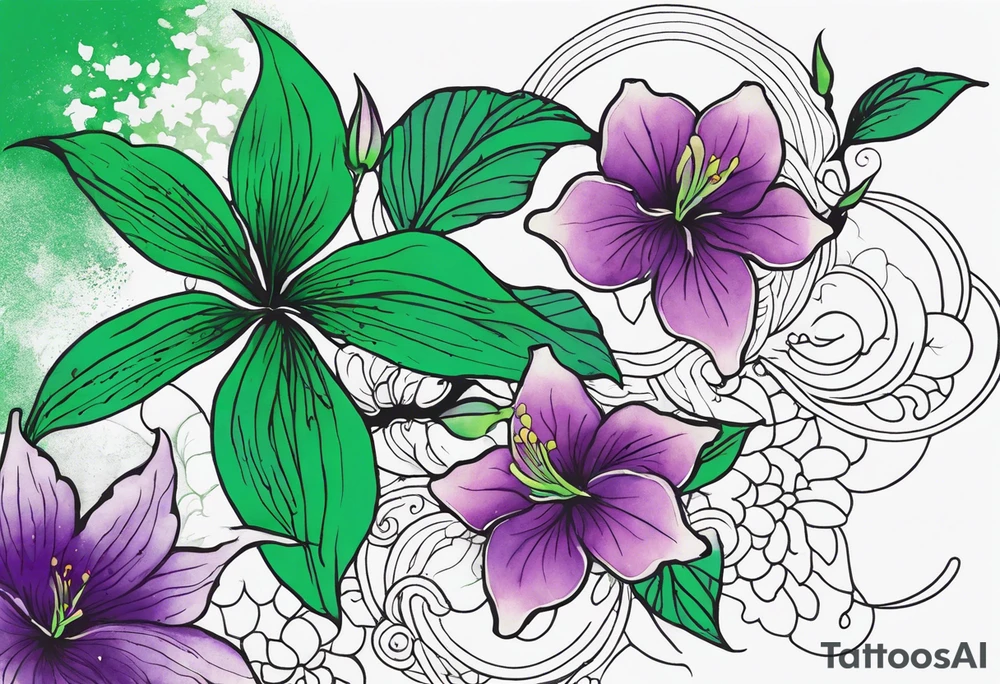 A mystical outline of a green with a bit of purple rio dipladenia flower and a green and purple watercolor splash in the background tattoo idea