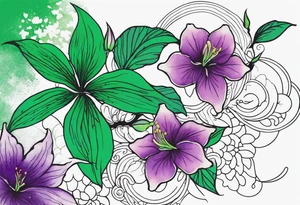 A mystical outline of a green with a bit of purple rio dipladenia flower and a green and purple watercolor splash in the background tattoo idea