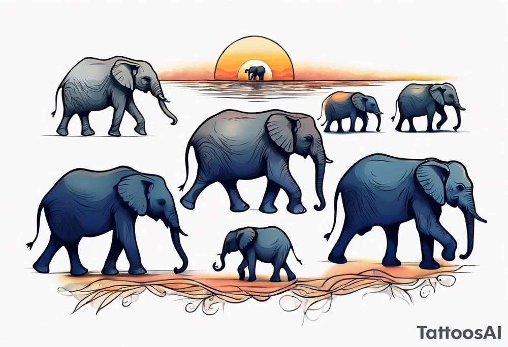 family of 6 elephants walking into sunset tattoo idea