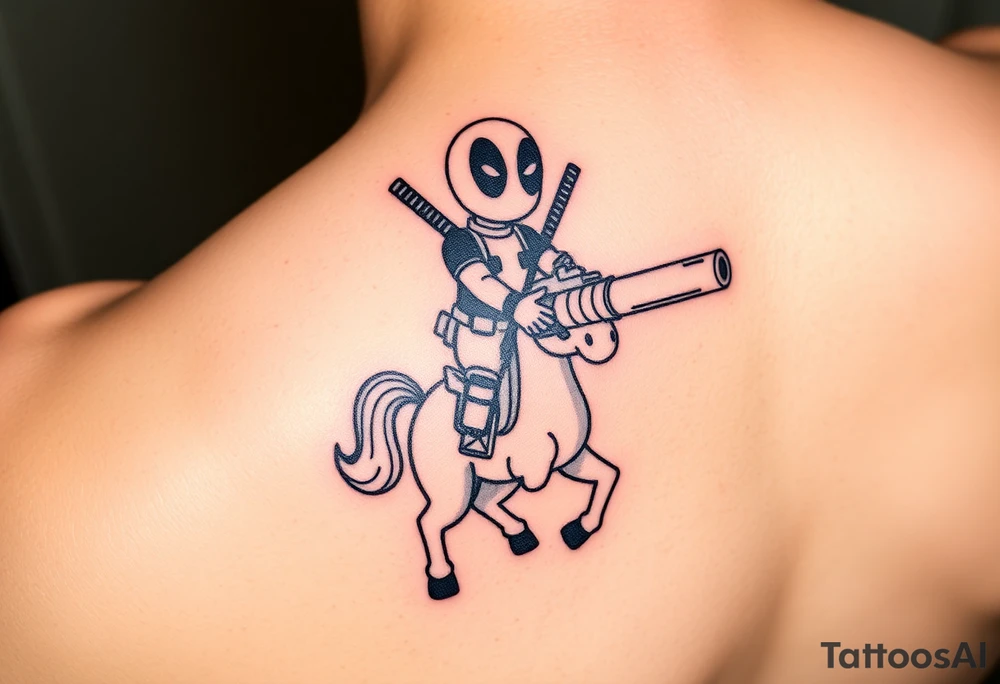 Deadpool riding cartoon unicorn pointing rocket propelled grenade launcher tattoo idea