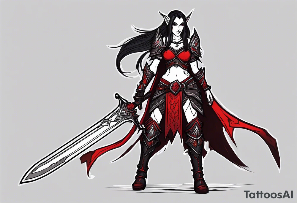 Line art full body of an female night elf warrior with black and blood crimson red plate armor. with long black pony tail style. she is very battle hardened. wielding a massive great sword with blood dripping from it. she is walking towards you.she got fur on her shoulders and an red cape. art style inspired by world of warcraft, tattoo design tattoo idea