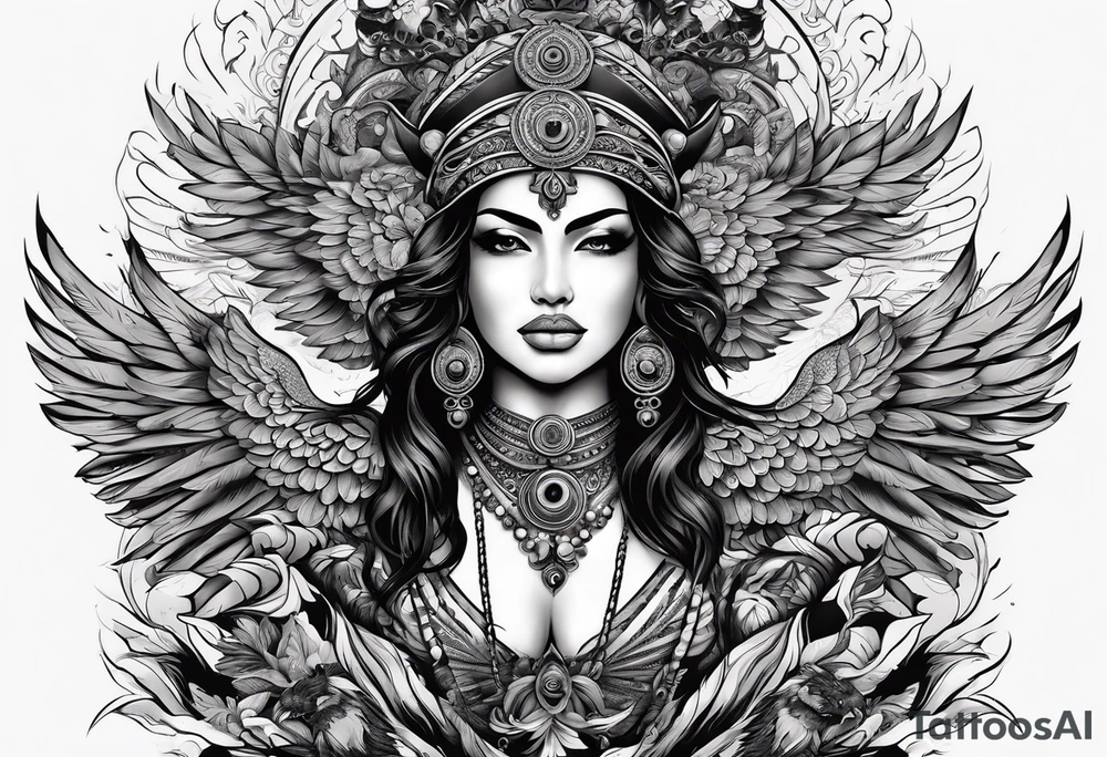 black kali, goddess pirate, alien, angel, pachamama, valkrye, warrior, flying, skull, lotus azul, wing, eagle, zenza resonance, stars, 5D, anahata chakra, death, durga, riding on a tiger, flying lady, kundalini, chest tatoo, samuri, rebel tattoo idea
